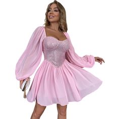 Pink Slim Fit Square Neck Party Dress Chiffon Mini Dress For Prom Season Party, Chiffon Mini Dress For Party And Prom Season, Chiffon Mini Dress For Party Season Night Out, Fitted Chiffon Dinner Dress, Fitted Chiffon Dress For Dinner, Party Evening Dress In Chiffon With Sequins, Long Sleeve Mini Dress For Summer Banquet, Elegant Sequin Dress With Sweetheart Neckline For Date Night, Sequin Chiffon Evening Dress For Party