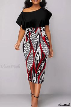 Olivia Mark - Printed Patchwork O-Neck Pencil Skirt Dress for Casual Wear Black Patchwork Office Dress, Printed Black Dress For Work, Black Printed Dress For Work, Home Dress Women, Maxi Dress Collection, Spring Dresses Casual, Pencil Skirt Dress, Round Neck Dresses, Daily Dress