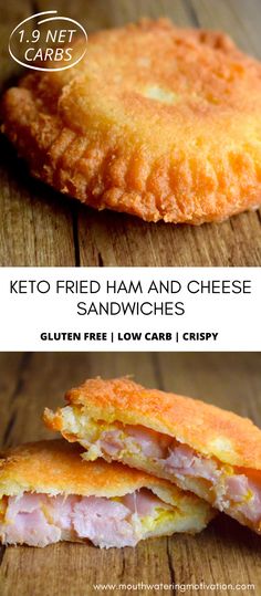 Keto Fried Ham And Cheese Sandwiches. Crispy, golden, fried sandwiches. These are AMAZING. I don't know how else to describe them. The dough is like something you'd get at the fair and then the melty gooey cheese with the ham and a bit of mustard...WOW. These will take your keto lunch to a whole new level. #ketofriedcheese #ketohamandcheesesandwiches #ketosandwich #ketohamandcheeserolls #ketomozzarellasticks Fried Sandwiches, Ham And Cheese Sandwiches, Keto Sandwich, Fried Ham, Low Carb Sandwiches, Low Carb Breakfast Recipes