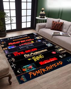 a living room area rug with various movie titles on it