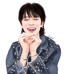 a drawing of a woman smiling with her hands on her chin and wearing a denim jacket