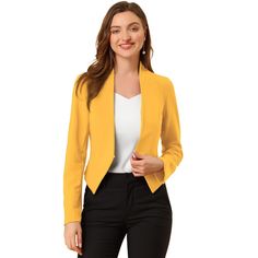 Shell: 95% Polyester, 5% Spandex. Lining: 100% Polyester. It creates a modern sleek look even at the office with this stunning cropped office blazer jacket. This smart collarless blazer features an angled hem that's shorter in the back for a fashionably cool look. An open-front design with hook eye closure for showing your amazing top inside. This piece makes you outstanding whether for a professional or a casual look. Suitable for Office look. Yellow Blazer Outfit Business, Yellow Top Outfit Work, Collarless Blazer Outfit, Mustard Blazer, Looks Kate Middleton, Collarless Blazer, Jacket Ideas, Yellow Blazer, Look Formal