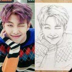 a pencil drawing of a young man next to a photo of another boy with purple hair