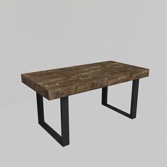 a wooden table with black metal legs on a gray background in the middle of an image