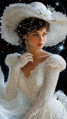 a painting of a woman wearing a white dress and hat with stars in the background