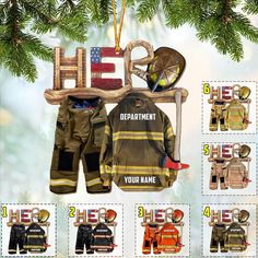 the fireman's uniform is hanging from a christmas tree with other items on it