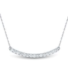 14K white gold curved bar necklace with 15 round brilliant cut lab grown diamonds weighing approximately 3/8 ct. tw. 18 inch 14K white gold rope chain | 3/8 ct. tw. Lab Grown Diamond Bar Necklace | 14K White Gold | Light Heart® Diamond Bar Necklace, Helzberg Diamonds, Gold Rope Chains, Diamond Bar, Gold Light, Rope Chain, Bar Necklace, Round Brilliant, Lab Grown