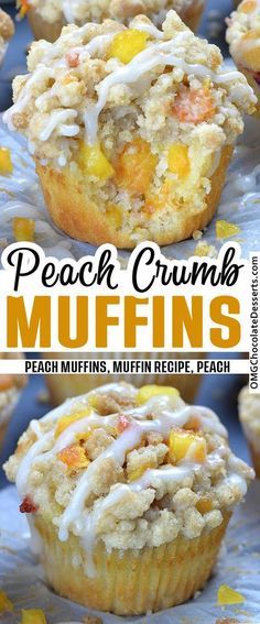 peach crumb muffins with white frosting on top