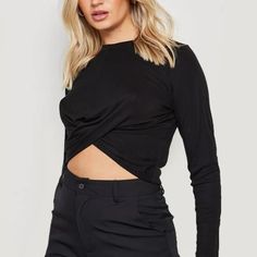 Slinky High Neck Ruched Front Ls Crop Black Us Eize 2 X28 Long Sleeve Twist Front Top For Night Out, Twist Front Long Sleeve Top For Night Out, Fitted Twist Front Top For Night Out, Black Color, High Neck, Size 2, Womens Tops, Women Shopping, Color