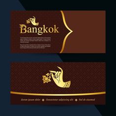 two banners with hand holding flowers and the word bangkok in gold on a dark background