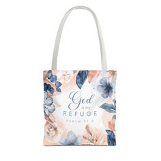 Available in 3 sizes to add both functionality and style, these custom-printed tote bags come with multiple handle colors to match your designs. Made with spun polyester, these bags feature double-stitched seams, cotton webbing straps, and nonwoven laminate lining for high-end durability. The print is created with dye sublimation for high-end visuals of your inspirational Bible verse.  .: Made with 100% polyester, a medium-weight fabric (6.49 oz/yd² (200 g/m that is highly durable and perfect for everyday use.  .: 5 color handle options  .: All tote bags come with a non-woven laminate inside, cotton handle, and are available in 3 sizes (1x large storage compartment) so that you can match your customers' needs.  .: NB! Size tolerance 0.75" (1.9 cm) White Softback Shoulder Bag Gift, White Softback Bags For Gifts, White Softback Bag For Gift, Inspirational Tote Bags For Mother's Day, Inspirational Bags For Daily Use And Mother's Day, Inspirational Bags For Mother's Day Gift, God Is My Refuge, Psalm 91 2, Inspirational Bible Verse