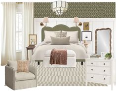 a bedroom with white furniture and green wallpaper