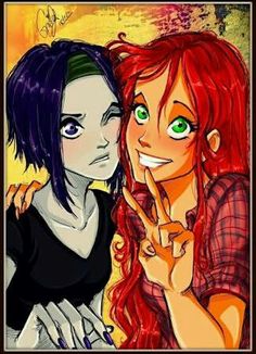 two girls with green eyes and purple hair are posing for the camera, one is pointing her finger at the other's ear