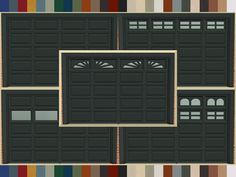 three garage doors are shown in different colors and sizes, with the same design on each side