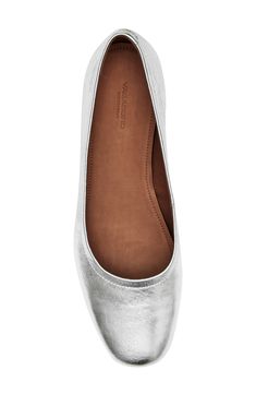 Tonal stitching loops around the topline of this poised ballet flat crafted from supple metallic leather with a debossed logo detail on the back. Leather upper and lining/synthetic sole Imported Silver Leather Ballet Flats For Spring, Silver Leather Slip-on Ballet Flats, Silver Leather Ballet Flats For Formal Occasions, Silver Leather Flats For Work, Debossed Logo, Womens Ballet Flats, Ballet Flat, Metallic Leather, Ballet Flats