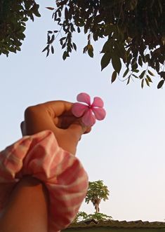 a person holding a pink flower up to the sky