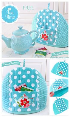 the tea pot holder is made out of blue fabric and has polka dots on it