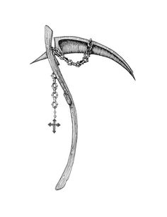 an ink drawing of a knife and cross hanging from it's blade with chains