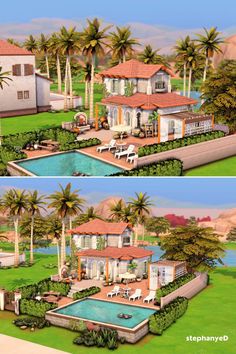 two renderings of a house and pool with palm trees