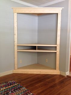 an empty room with some shelves on the wall and a rug in front of it