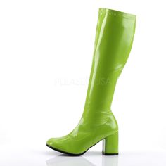 3" High Heel Gogo Knee High Boots. Stretchy And Full Inner Side Zipper Closure. Vegan Patent Leather. Styles: Dancer Stripper Drag Dragqueen Festival Cosplay Halloween Cosplay 70s Retro 1970s Ogog-300 Boots Colorful, Alternative Shoes, Single Sole Heels, Festival Shoes, Punk Boots, Pleaser Shoes, Gogo Boots, Going Green, Cosplay Shoes