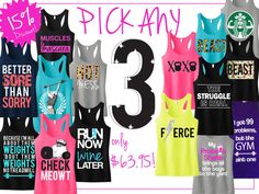 a group of women's tank tops with the words pick any 3 on them