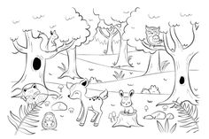 the forest with animals and birds coloring page