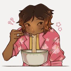 a girl is eating noodles with chopsticks in her hand and looking at the bowl