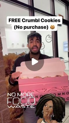 a man is holding up a pink box with donuts in it and the caption reads, free crumbl cookies no purchase