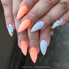 Matte Peach Nails with Peach Fruit Nail Art Peach Nail Art Fruit, Peach Theme Nails, Peach Colored Nails Designs, Peach Design Nails, Peaches Nail Art, Peach Fruit Nails, Peach And Blue Nails, Flared Nail Designs, Matte Summer Nails