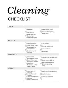 the cleaning checklist is shown in black and white