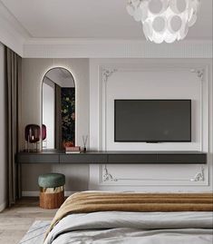 a bedroom with a large flat screen tv mounted to the wall