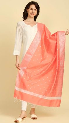 Add a touch of elegance to your wardrobe with this exquisite piece of splendid shaded Banarasi Silk Dupatta. Swathed with elegant woven motifs, this classic stunner in super smooth fabric is a must in your ethnic collection. This Fine Banarasi  dupatta is adorned with beautiful woven motifs along with rich silver zari border. Size:2.4 meters, Fabric: Silk A beautiful creation from the house of Dupatta Bazaar is perfect for festivities and special occasions! Elegant Katan Silk Kurta For Festivals, Festive White Dupatta With Woven Motifs, Elegant Festive Jamawar Dupatta, Traditional Ceremonies Dupatta For Eid, Elegant Katan Silk Kurta With Traditional Drape, Wedding Kurta With Woven Motifs And Traditional Drape, Traditional Drape Kurta With Woven Motifs For Wedding, Semi-stitched Jamawar Dupatta, Elegant Dupatta Silk Scarf For Eid