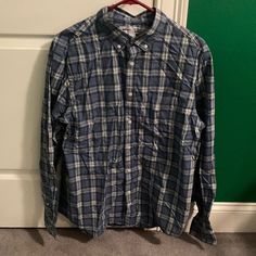 Never Worn, Still Has The Tangs On It Casual Blue Button-up Flannel Shirt, Spring Casual Flannel Workwear Shirt, Spring Casual Flannel Work Shirt, Spring Casual Workwear Flannel Shirt, Casual Blue Long Sleeve Flannel Shirt, Light Blue Cotton Top With Placket, Light Blue Cotton Tops With Placket, Blue Relaxed Fit Button-up Flannel Shirt, Plaid Cotton Shirt With Button Closure