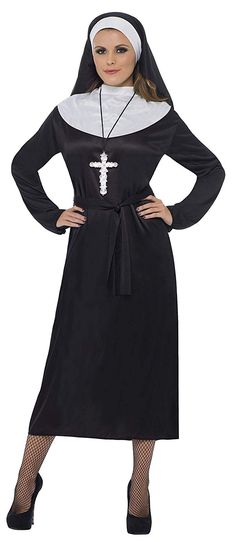 a woman wearing a nun costume with a cross on the chest and long sleeves,