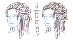 three different types of dreadlocks are shown in this drawing technique, one is blue and the other is pink