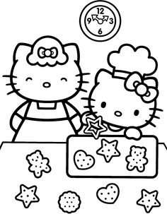 a hello kitty coloring page with stars and hearts on the table in front of it