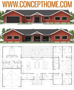 two story house plans with garage and living room in the front, second and third floors