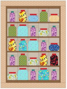 a quilted wall hanging with jars on it