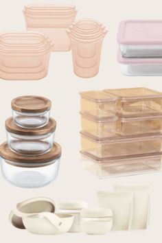 plastic containers and lids are stacked on top of each other in different shapes and sizes