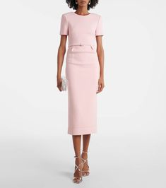 Find ROLAND MOURET Wool Crêpe Midi Dress on Editorialist. Material: 100% wool. Care instructions: dry clean. Made in China. Designer color name: Pink. Lining: 100% polyester. Closure: concealed zipper. Detachable belt.