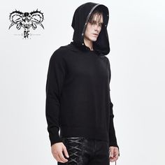 Darkness Asymmetrical Sleeves Designer Men Punk Hooded Sweater With Loops Black Punk Hoodie For Concert, Punk Black Hoodie For Concert, Alternative Black Hoodie For Concert, Edgy Hooded Hoodie For Alternative Fashion, Punk Hooded Hoodie For Concerts, Punk Style Hooded Hoodie For Concert, Winter Punk Hoodie For Concert, Gothic Hoodie For Winter Streetwear, Punk Style Winter Concert Hoodie