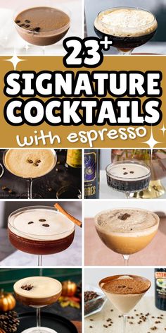 collage of espresso martini cocktail drinks with text signature cocktails with espresso. Martini Flights, Espresso Cocktails, Best Espresso Martini, Fun Holiday Drinks, Winter Cocktail Party, Holiday Drinks Christmas, Cocktail Party Drinks, Bachelorette Party Drinks, Intimate Dinner Party