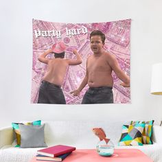 two shirtless men are standing in front of a pink background with the words harry heated on it