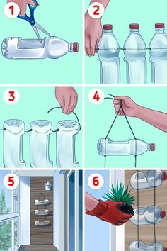 instructions for how to make a hanging wine bottle planter from empty water bottles - step by step