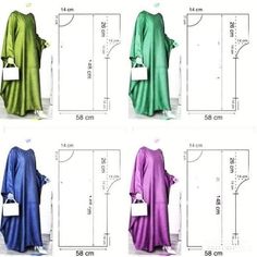 four different colors of clothing are shown in this diagram, with the measurements for each one