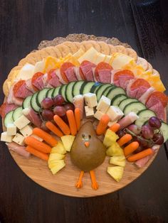 a turkey shaped platter filled with fruit and veggies