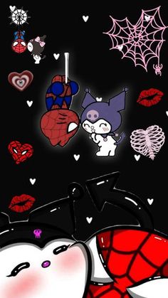 an image of two cats in the dark with hearts and spider - man on them