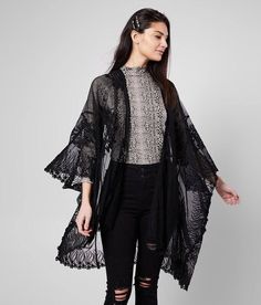 Daytrip Lace Mesh Kimono - Women's Kimonos in Black | Buckle Black Lace Kimono Outfit, Black Kimono Outfit, Lace Kimono Outfit, Mesh Kimono, Black Lace Kimono, Witchy Outfits, Meadow Wedding, Black Lace Cardigan, Kimono Outfits