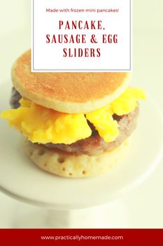 pancakes, sausage and egg sliders on a plate with text overlay that reads made with frozen mini pancakes